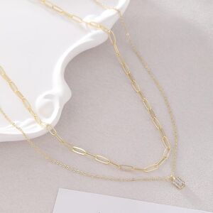 Gold Layering Necklace Set Dainty Paperclip CZ Chains trendy Layered Stack Set